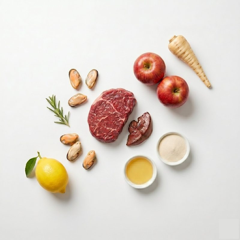 Real beef, green-lipped mussel, apple, rosemary